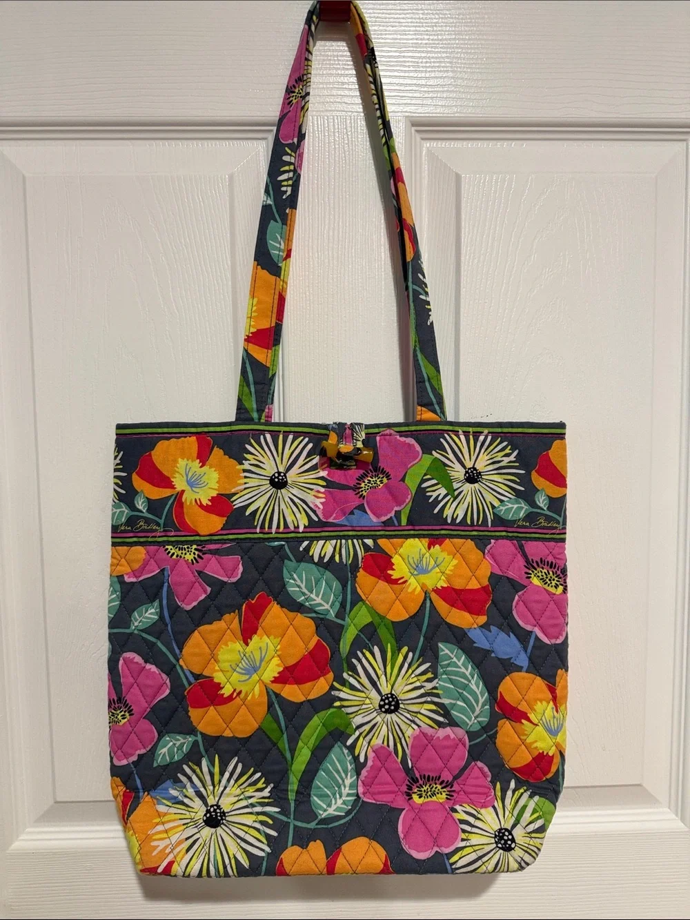Vera Bradley Quilted Floral Tote in Navy with Multicolor Blooms- like New